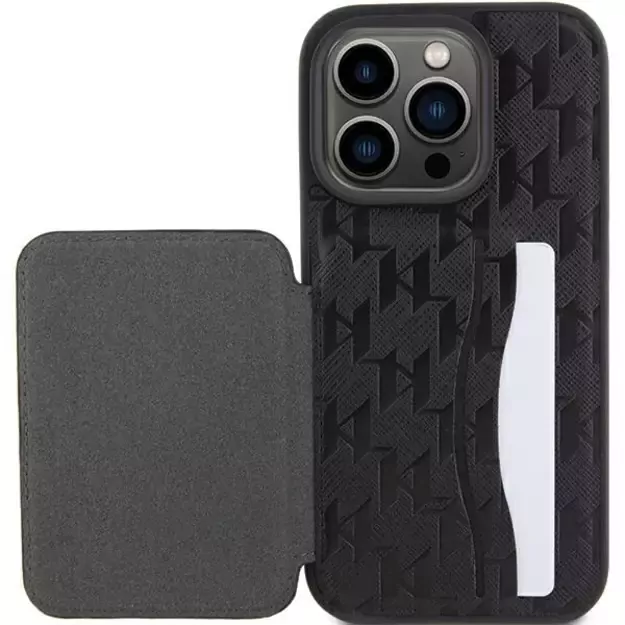 Karl Lagerfeld Saffiano Cardslots and Stand Monogram Ikonik Patch case for iPhone 15 Pro Max - black 7