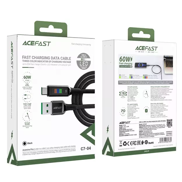 Acefast C7-04 USB-A USB-C 60W 1.2m cable with display - black 12