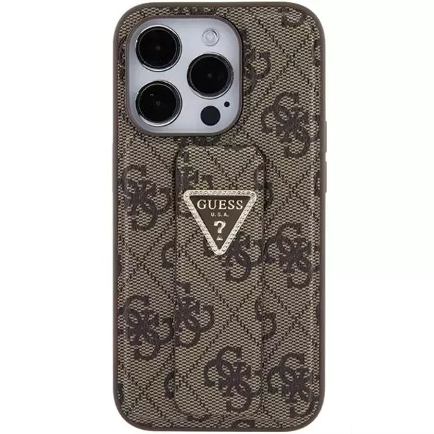 Guess Grip Stand 4G Triangle Strass case for iPhone 15 Pro - brown 3