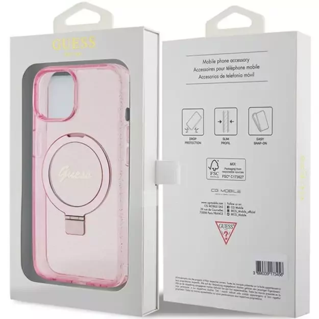 Guess Ring Stand Script Glitter MagSafe case for iPhone 15 Plus / 14 Plus - pink 7