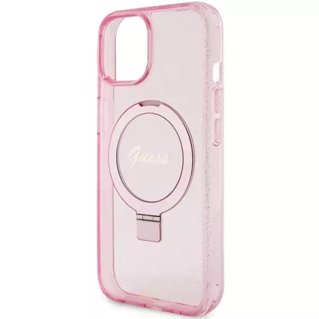 Guess Ring Stand Script Glitter MagSafe case for iPhone 15 Plus / 14 Plus - pink 5