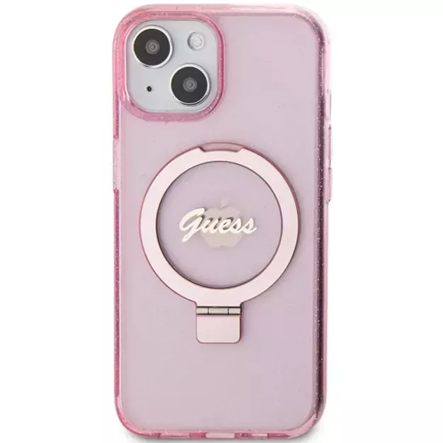 Guess Ring Stand Script Glitter MagSafe case for iPhone 15 Plus / 14 Plus - pink 2