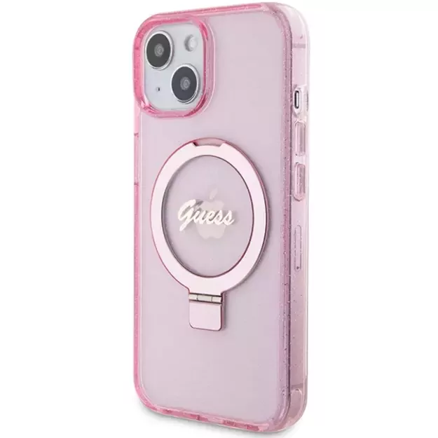 Guess Ring Stand Script Glitter MagSafe case for iPhone 15 Plus / 14 Plus - pink 1