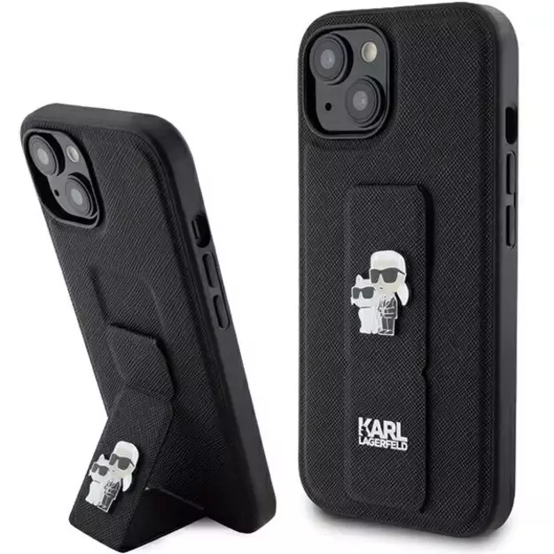 Karl Lagerfeld Gripstand Saffiano Karl&amp Choupette Pins case for iPhone 15 - black