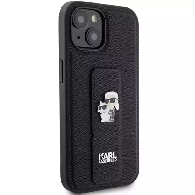 Karl Lagerfeld Gripstand Saffiano Karl&amp Choupette Pins case for iPhone 15 - black 3