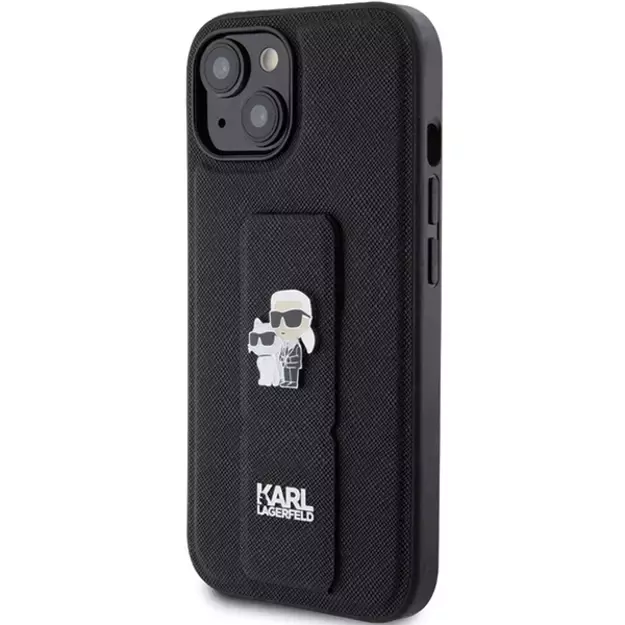 Karl Lagerfeld Gripstand Saffiano Karl&amp Choupette Pins case for iPhone 15 - black 1