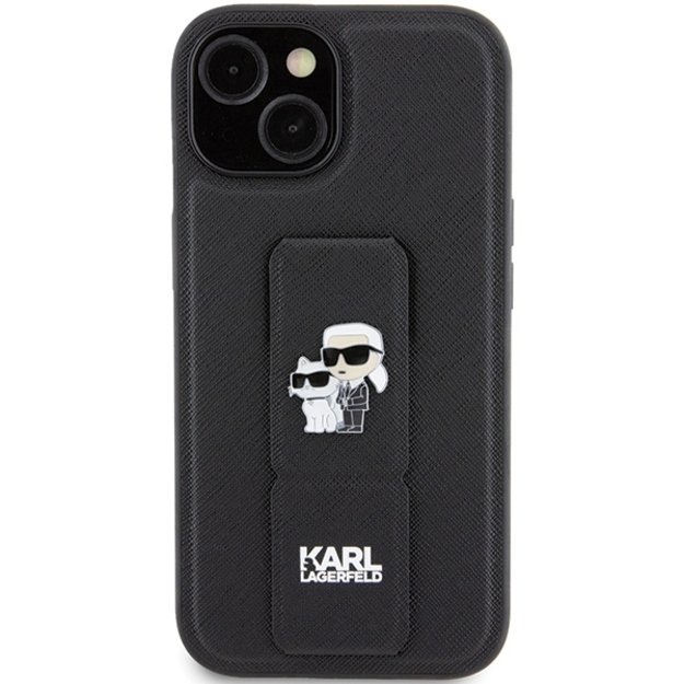 Karl Lagerfeld Gripstand Saffiano Karl&amp Choupette Pins case for iPhone 15 - black 9