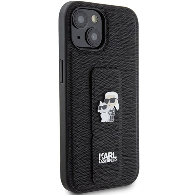 Karl Lagerfeld Gripstand Saffiano Karl&amp Choupette Pins case for iPhone 15 - black 10