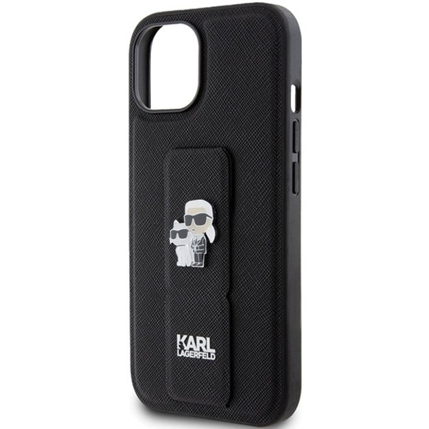 Karl Lagerfeld Gripstand Saffiano Karl&amp Choupette Pins case for iPhone 15 - black 12