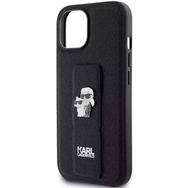 Karl Lagerfeld Gripstand Saffiano Karl&amp Choupette Pins case for iPhone 15 - black 5