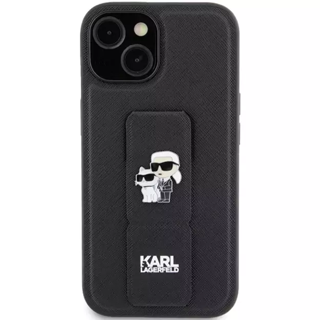Karl Lagerfeld Gripstand Saffiano Karl&amp Choupette Pins case for iPhone 15 - black 2