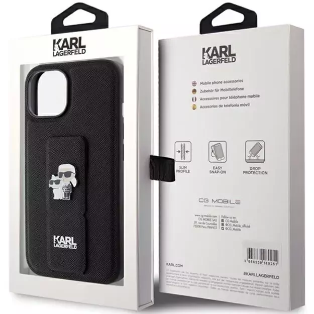 Karl Lagerfeld Gripstand Saffiano Karl&amp Choupette Pins case for iPhone 15 - black 7
