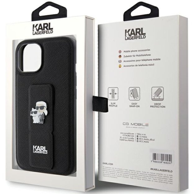 Karl Lagerfeld Gripstand Saffiano Karl&amp Choupette Pins case for iPhone 15 - black 14