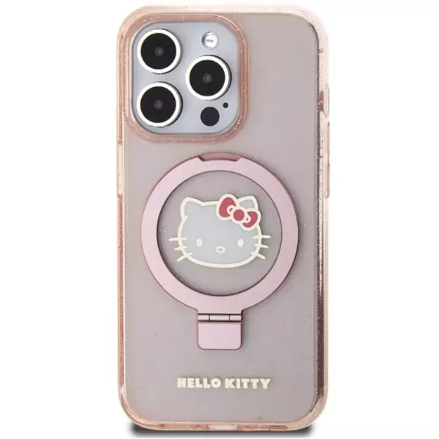 Hello Kitty Ring Stand Glitter Electrop Logo MagSafe Case for iPhone 15 Pro - Pink 2