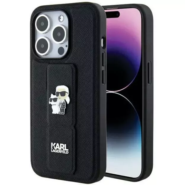 Karl Lagerfeld Gripstand Saffiano Karl&amp Choupette Pins case for iPhone 13 Pro / 13 - black