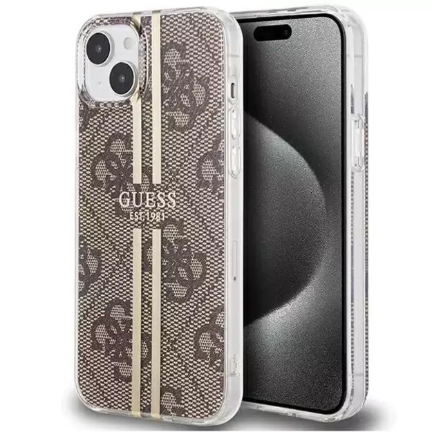 Guess IML 4G Gold Stripe case for iPhone 15 Plus / 14 Plus - brown