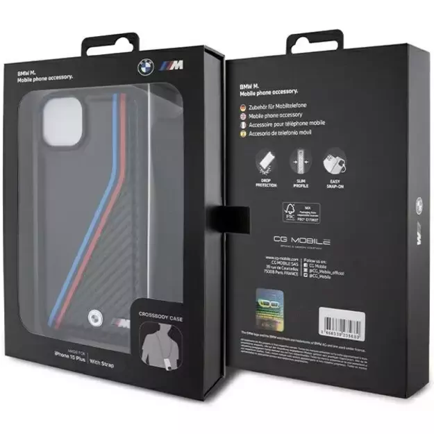 BMW M Edition Carbon Tricolor Lines &amp  Strap case for iPhone 15 Plus / 14 Plus - black 5