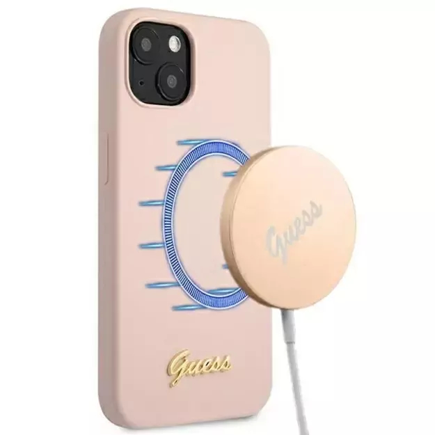 Guess GUHMP13MLSLMGLP iPhone 13 6.1&quot  light pink/light pink hardcase Silicone Script Gold Logo Magsafe