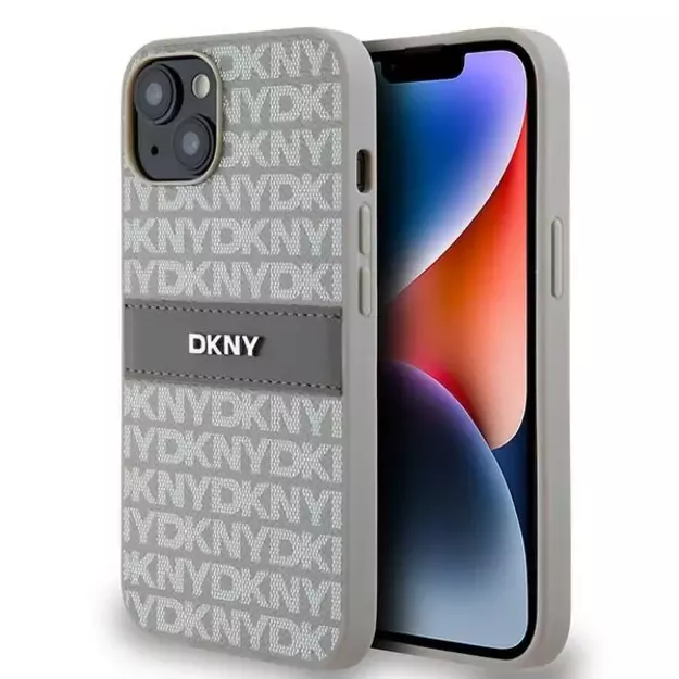 DKNY Leather Mono Stripe &amp  Metal Logo case for iPhone 15 / 14 / 13 - beige