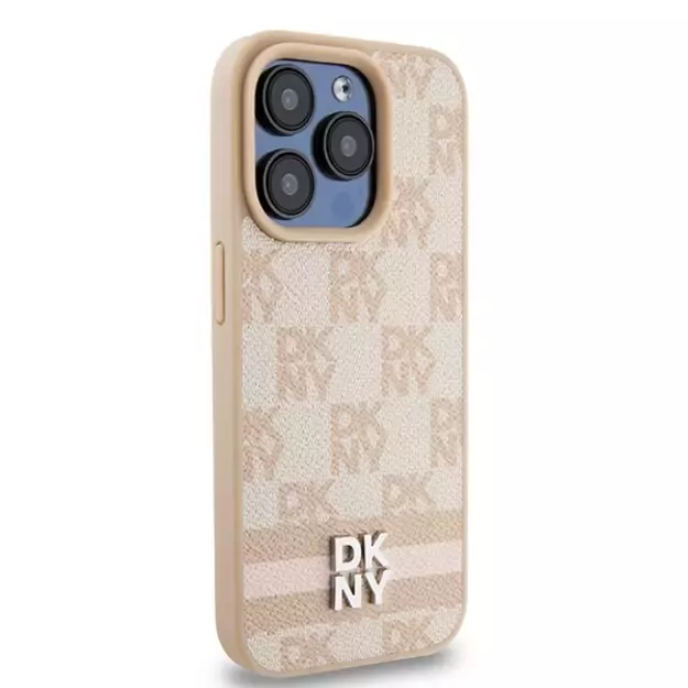 DKNY Leather Checkered Mono Pattern &amp  Printed Stripes case for iPhone 15 Pro - pink 10