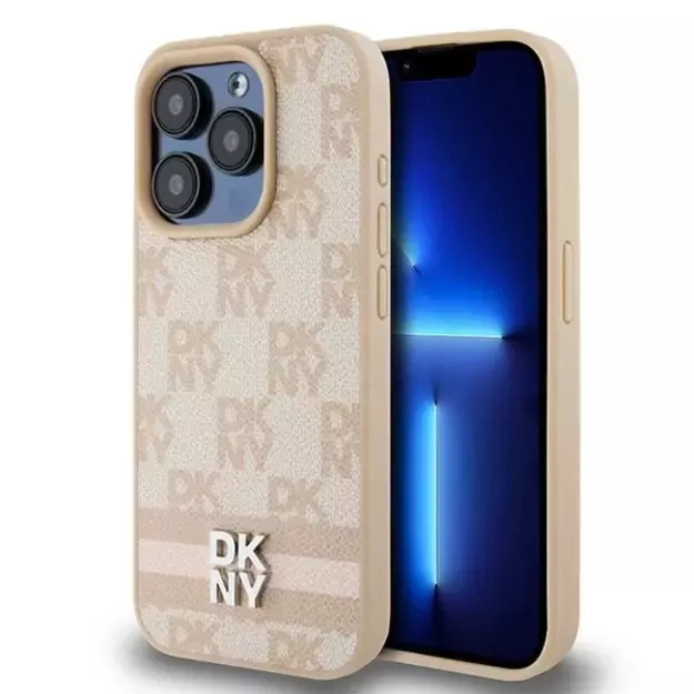 DKNY Leather Checkered Mono Pattern &amp  Printed Stripes case for iPhone 15 Pro - pink