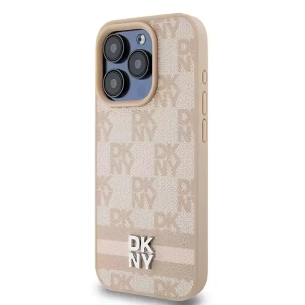 DKNY Leather Checkered Mono Pattern &amp  Printed Stripes case for iPhone 15 Pro - pink 8