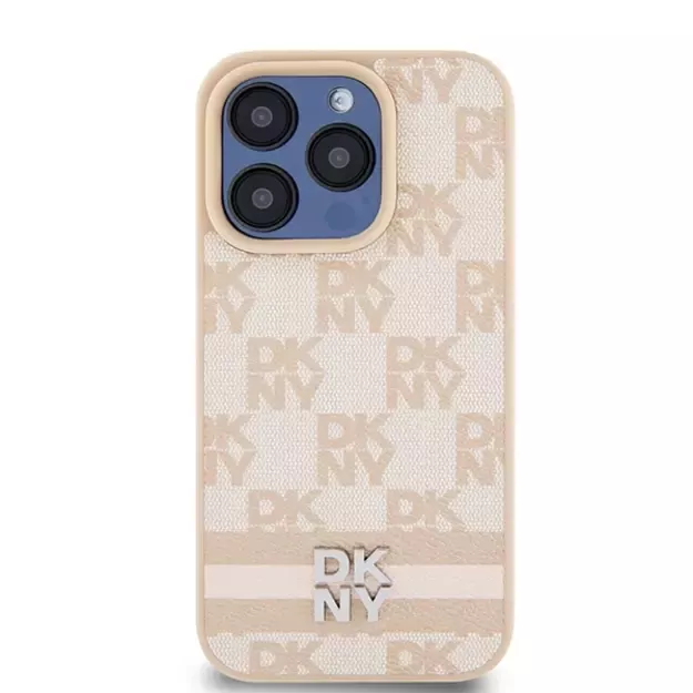 DKNY Leather Checkered Mono Pattern &amp  Printed Stripes case for iPhone 15 Pro - pink 9
