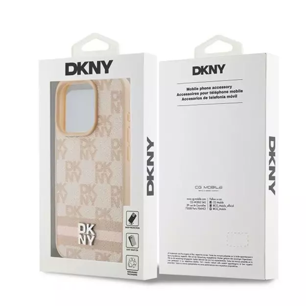 DKNY Leather Checkered Mono Pattern &amp  Printed Stripes case for iPhone 15 Pro - pink 14