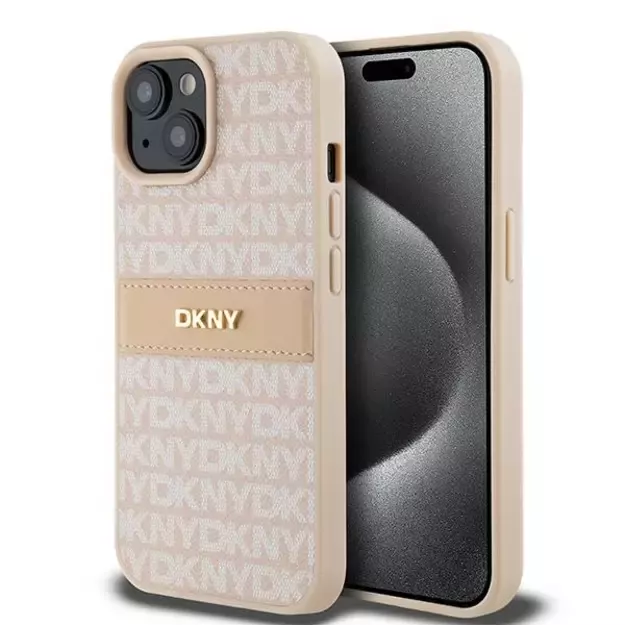 DKNY Leather Mono Stripe &amp  Metal Logo Case for iPhone 15 Plus / 14 Plus - Pink