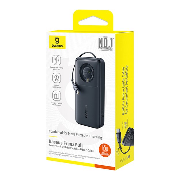 Baseus Free2Pull 20000mAh 65W Power Bank with Retractable USB-C Cable - Black 6