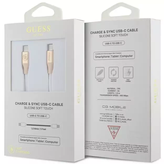 Guess Ebossed Logo USB-C / USB-C Cable 1.5m Fast Charging - Gold 1