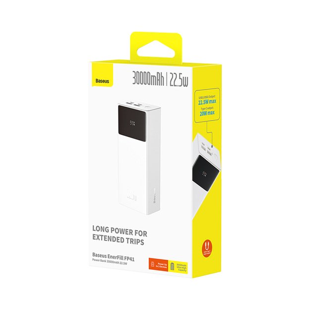 Baseus EnerFill FP41 30000mAh 22.5W Powerbank with Baseus Simple USB-A - USB-C 3A 30cm Cable - White 6