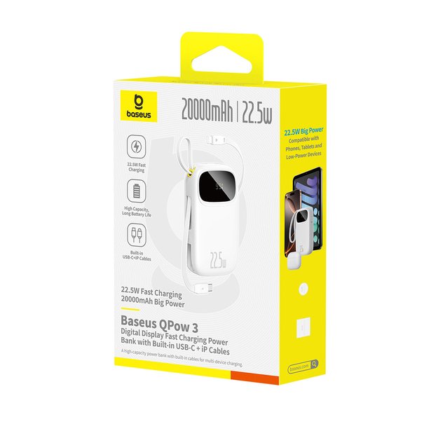 Baseus EnerFill FC31 20000mAh 22.5W Powerbank with Digital Display and 2 Built-in Cables (USB-C + Lightning) - White 3