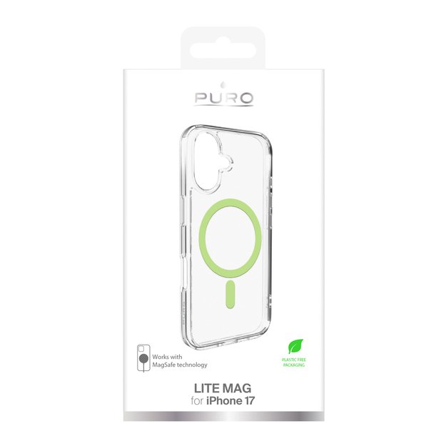 Puro Lite Mag TPU+PC Case Compatible with MagSafe for iPhone 17 - Transparent with Green Ring 1