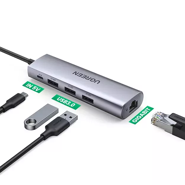 Ugreen CM266 60812 5in1 USB-A 3.0 - RJ45 / 3x USB-A 3.0 / micro USB adapter - gray 1