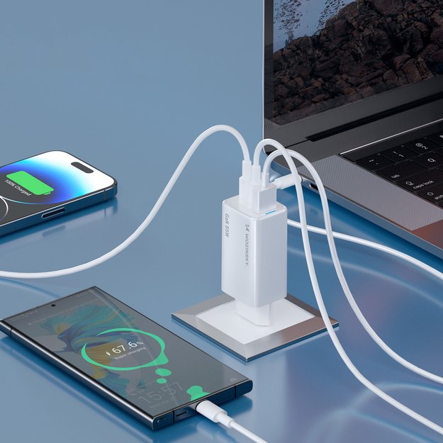 Wozinsky GaN 65W Charger with 2xUSB-C USB Ports with 65W CC Cable - White 8