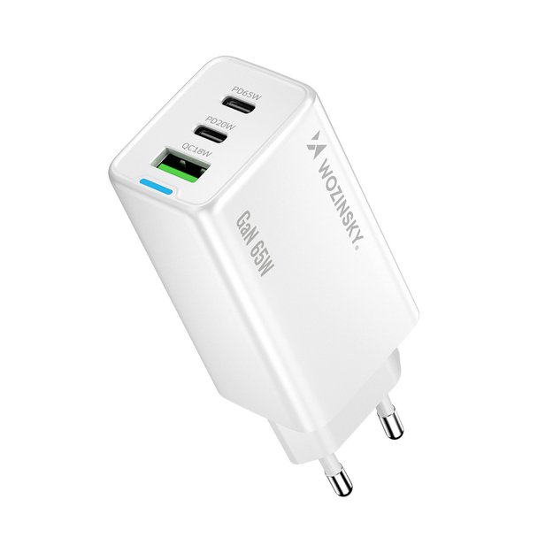Wozinsky GaN 65W Charger with 2xUSB-C USB Ports with 65W CC Cable - White 3