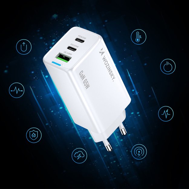 Wozinsky GaN 65W Charger with 2xUSB-C USB Ports with 65W CC Cable - White 11