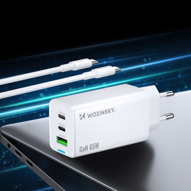 Wozinsky GaN 65W Charger with 2xUSB-C USB Ports with 65W CC Cable - White 12