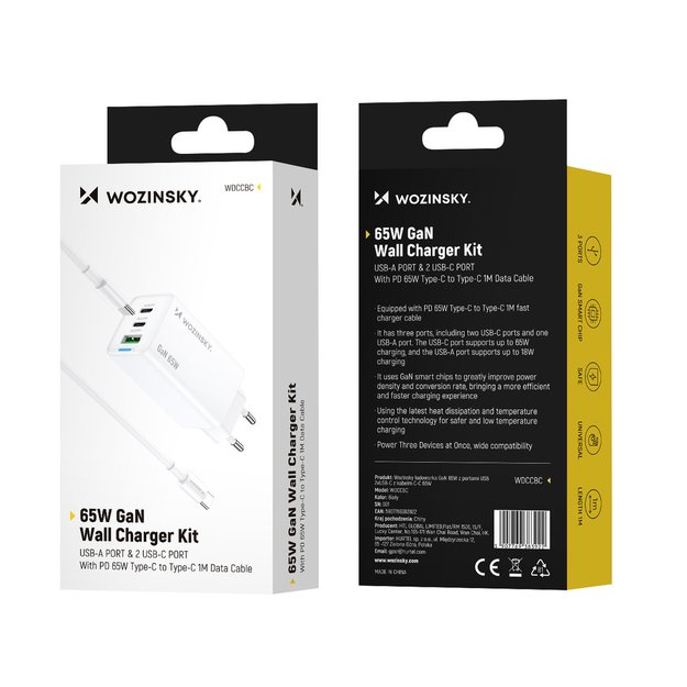 Wozinsky GaN 65W Charger with 2xUSB-C USB Ports with 65W CC Cable - White 6