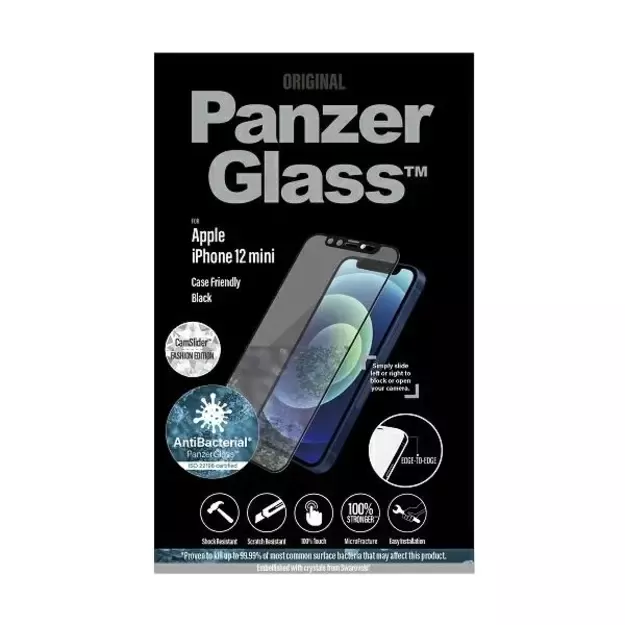 PanzerGlass E2E Microfracture Antibacterial Glass with Swarovsky Crystal Camera Cover for iPhone 12 mini - with Black Frame 1