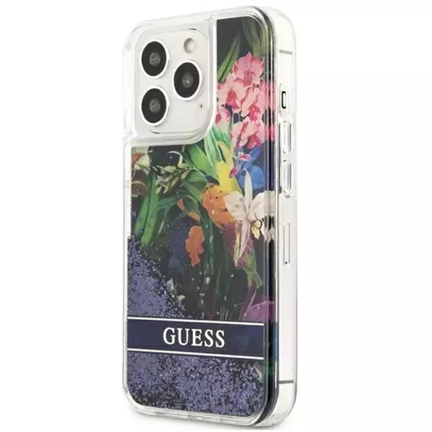 Guess GUHCP13LLFLSB iPhone 13 Pro / 13 6.1&quot  blue/blue hardcase Flower Liquid Glitter 1