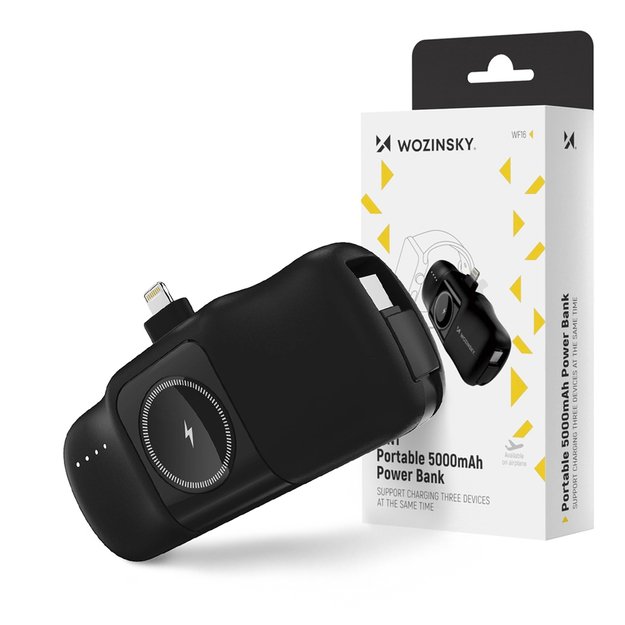 Wozinsky WF16-YLS 5000mAh 15W Lightning Mini Power Bank with Built-in USB-C Cable and Apple Watch Charger - Black 25