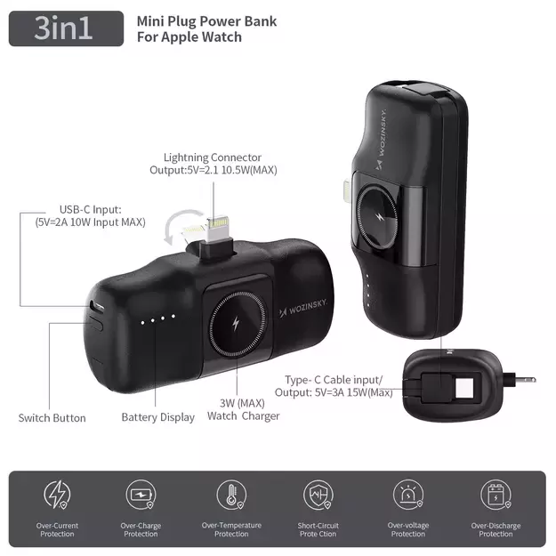 Wozinsky WF16-YLS 5000mAh 15W Lightning Mini Power Bank with Built-in USB-C Cable and Apple Watch Charger - Black 22