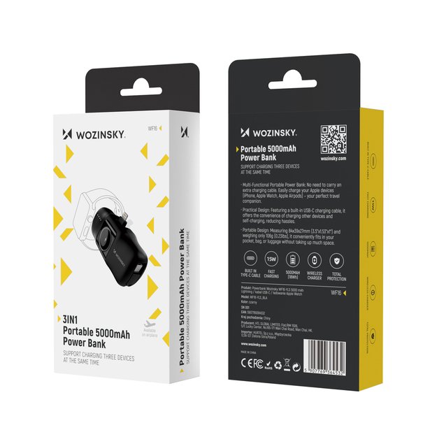 Wozinsky WF16-YLS 5000mAh 15W Lightning Mini Power Bank with Built-in USB-C Cable and Apple Watch Charger - Black 26