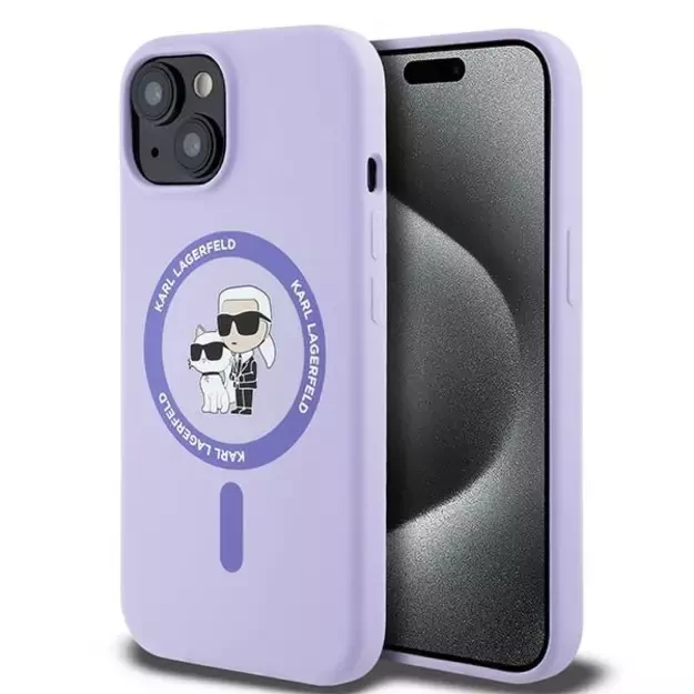 Karl Lagerfeld Silicone Karl&amp Choupette Heads Ring MagSafe iPhone 15 Case - Purple