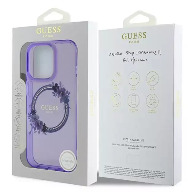Guess IML Flowers Wreath MagSafe iPhone 16 Pro Case - Purple 14