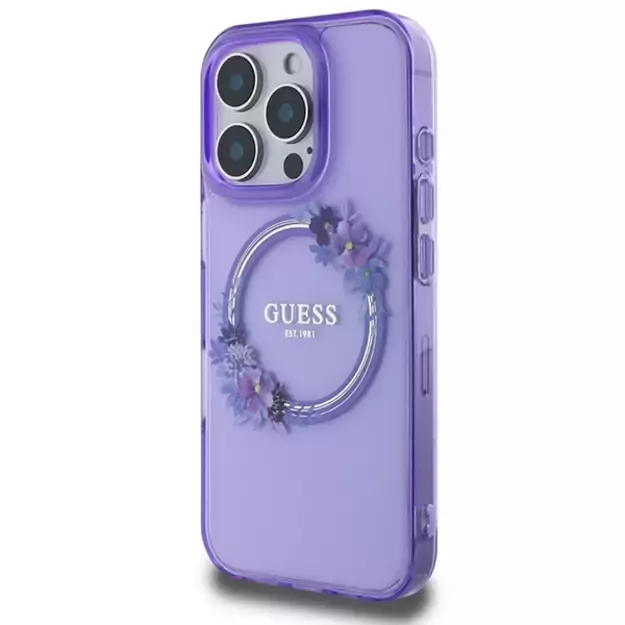 Guess IML Flowers Wreath MagSafe iPhone 16 Pro Case - Purple 8