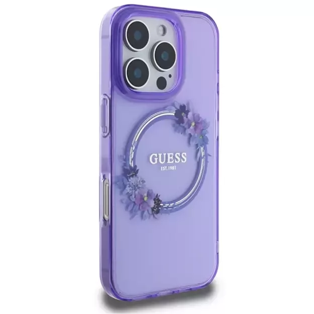 Guess IML Flowers Wreath MagSafe iPhone 16 Pro Case - Purple 10