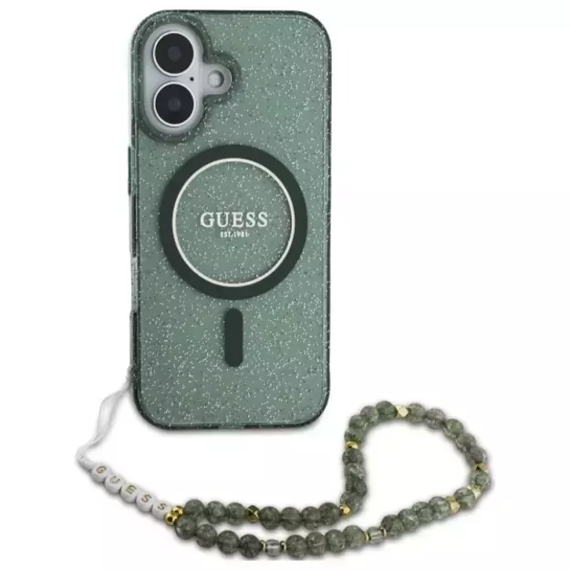Guess IML Glitter With Pearl Strap MagSafe case for iPhone 16 Plus - green 1